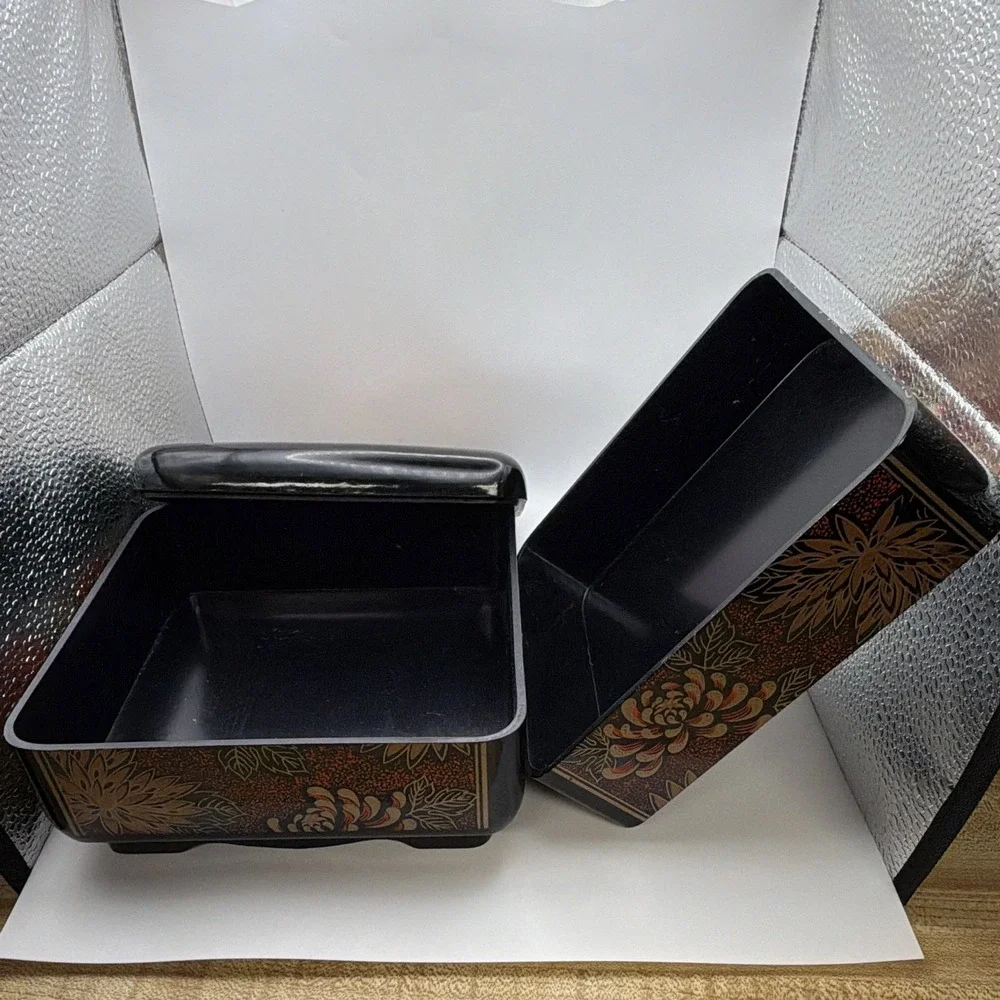 Vintage Japanese Lacquer 3 Tier Stacking Trinket Box Black Red Gold Floral